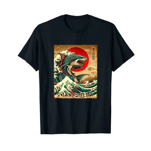 Dibble Dabble Japanese Otaku Anime Designs Cool Shark Kaiju Japanese Vintage Sharkzilla Great Wave T-Shirt