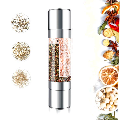 Mixoo Salt and Pepper Grinder - 2 in 1 Manual Stainless Steel Salt Pepper Mill Herb Spice Grinder Shakers Refillable with Adjustable Coarseness Ceramic Rotor and Dual Clear Acrylic Chamber