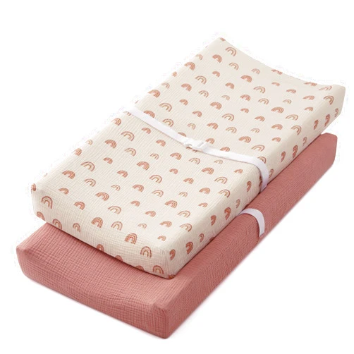 Blissful Diary Muslin Changing Pad Cover for Girls Boys, Ultra Soft Breathable Cotton, Baby Diaper Change Table Pad Covers, 2Pack (Dusty Pink&Rainbow)