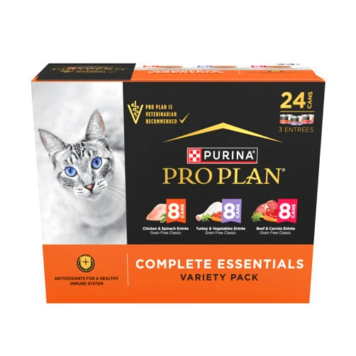 Purina Pro Plan Complete Essentials Chicken, Turkey and Beef Grain Free Wet Cat Food Variety Pack - (24) 3 oz. Cans
