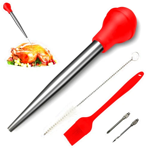 Auzeuner Turkey Baster for Cooking, Turkey Baster Large, Stainless Steel Turkey Baster Syringe, with 2 Marinade Injector Needles and Brush for Cooking, Red
