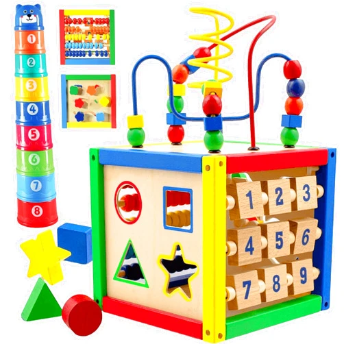 Play22 Wooden Activity Play Cube 6 in-1 for Baby with Removable Bead Maze, Shape Sorter, Abacus Counting Beads & Numbers, Sliding Shapes, 8Pcs Stacking Cups – Play22