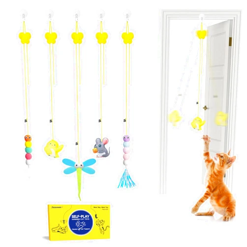 Potaroma Interactive Cat Feather Toys 5 Pcs, Cat Teaser Retractable, Hanging Cat Toys Indoor Kitten Play Chase Exercise, Mental Physical Stimulation for All Breeds and Species