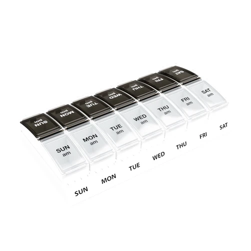 EZY DOSE Weekly (7-Day) AM/PM Pill Case, Medicine Planner, Vitamin Organizer, Small Pop-out Compartments, 2 Times a Day, Black and Clear Lids