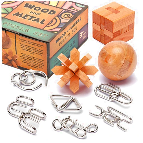 LESONG Brain Teasers Metal and Wooden Puzzles for Kids and Adults 9 Pack, Mind, IQ, and Logic Test and Handheld Disentanglement Games, 3D Coil Cast Wire Chain and Durable Wood Educational Toys