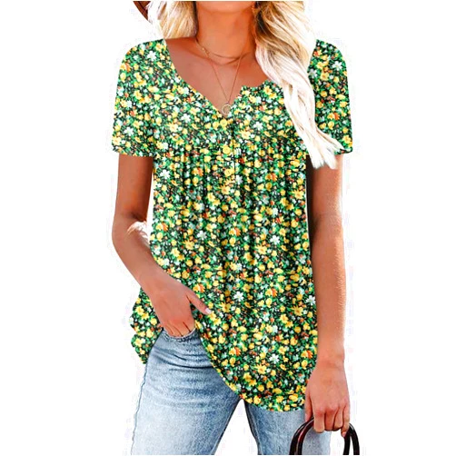 ROSELINLIN Women's Short Sleeve Shirts Floral Summer Tops Loose Fit for Leggings