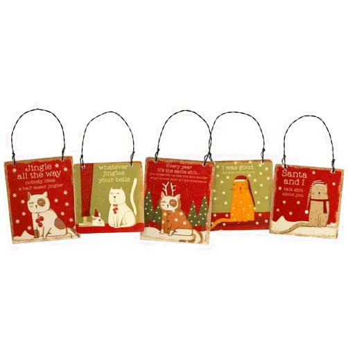 Primitives by Kathy Sassy Cats Ornament Set of 5, Wood, Paper, Wire