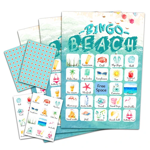 ZEDEV Beach Bingo Game, Party Games with 24 Players, Family Activities, Bingo Cards for Party Supplies, Party Favors Gifts for Young Adults - beach02