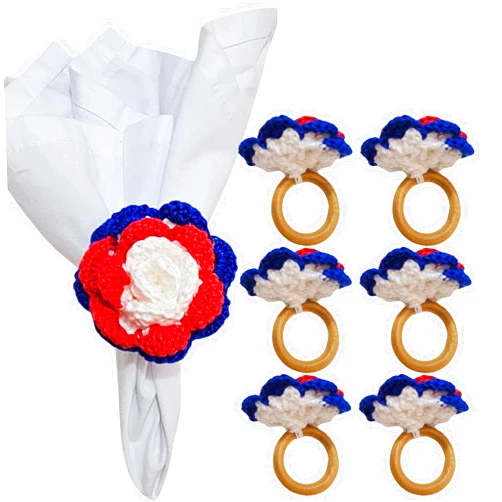 Maison charlô Maison Charlo Set of 6 Crochet Rosebud Napkin Rings for Memorial Day, Patriot Decor, 4th of July, Christmas, Party Decoration, Everyday Gatherings