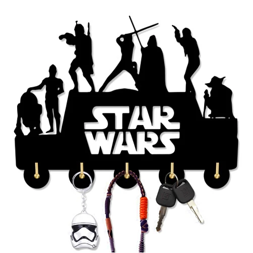 KingLive deksu Star Wars Wall-Mounted Key Hooks for Wall, Key Rack Star Wars Key Holder for Wall Decorative with 5 Hooks, Wooden Home Wall Decor for Entryway Hallway, Black