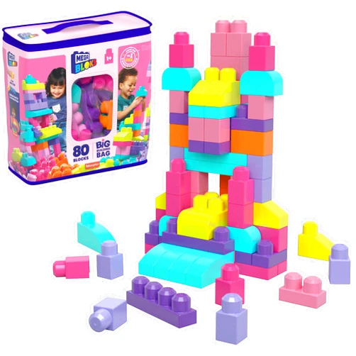 MEGA BLOKS First Builders Toddler Blocks Toys Set, Big Building Bag with 80 Pieces and Storage, Pink, Ages 1+ Years