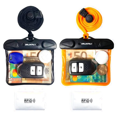 DRLOKPAK Submersible Waterproof Wallet Surf Dry Car Key FOB Case Bag 2Pack Waterproof Pouch Holder For Key Credit Door Ship Card Cash ID Driver Fishing Hunting License（Black＋Orange）