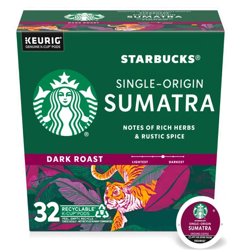 Starbucks K-Cup Coffee Pods, Dark Roast Coffee, Sumatra, 100% Arabica, 1 box (32 pods)