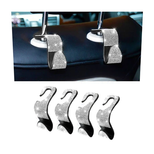 Osilly 4 Pcs Car Headrest Hooks, Bling Rhinestones Hook for Auto Front Seat, Crystal Hanger Holder, Automotive Interior Storage Organizer for Purse Coats Umbrellas Grocery Handbag (White)