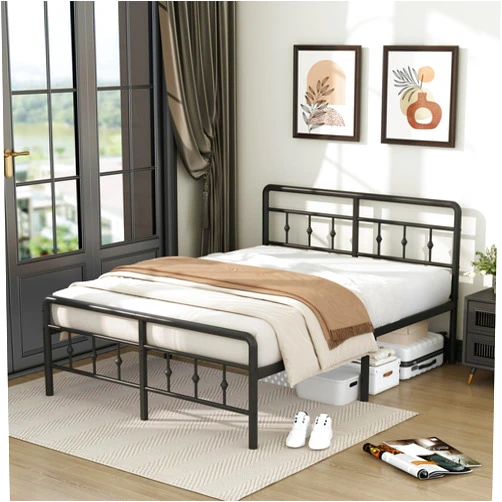 DiaOutro 16 Inch Full Size Bed Frame with Headboard and Footboard, Classic Metal Platform No Box Spring Needed Heavy Duty Victorian Style Iron-Art Mattress Foundation/Under Storage Matte Black DA13