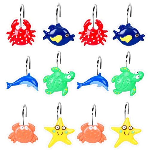 Whaline 12 Pcs Summer Shower Curtain Hooks Cute Sea Animals Shower Curtain Hooks 6 Design Decorative Ocean Style Alloy Hooks for Bathroom Shower Curtain Summer Decoration Holiday