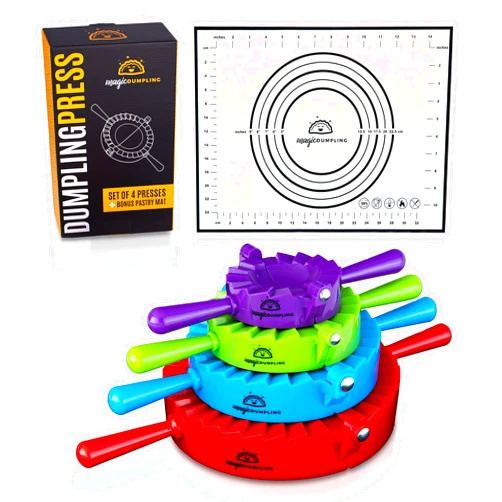 MAGICDUMPLING Magic Dumpling Maker Kit, Set of 4 - Mold Ravioli, Empanadas, Momos, Gyozas, Pot Stickers, Jamaican Beef Patties, Pierogi and Calzones - Wonton Dough Press and Pasta Making Tools