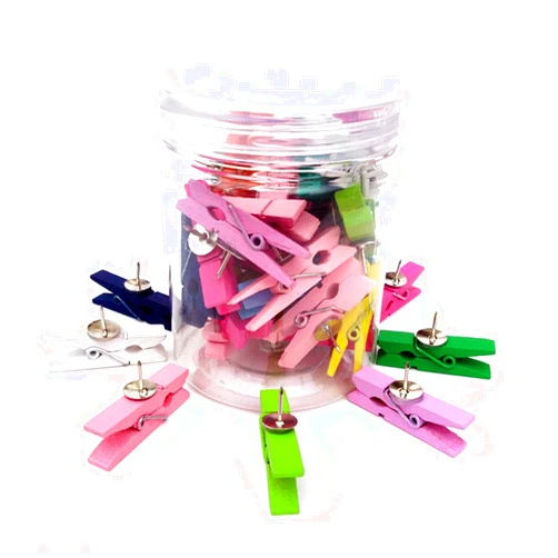 Dstertech Pack of 50 Colors Wood Clips with Push Pins for Cork Boards Paper Works/Notes/Photos/Cork Board/School Projects and Craft Projects-Clip Thumbtack (1.4inch)