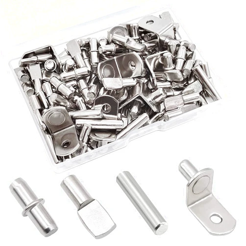 Cerpourt 104Pcs Shelf Pins Kit,4 Styles Nickel Plated Shelf Support Pegs,Bookshelf Pegs for Shelves,Cabinet Shelf Bracket Pegs Shelf Pins Holders for Kitchen Furniture & Closet ( 5mm & 1/4inch )