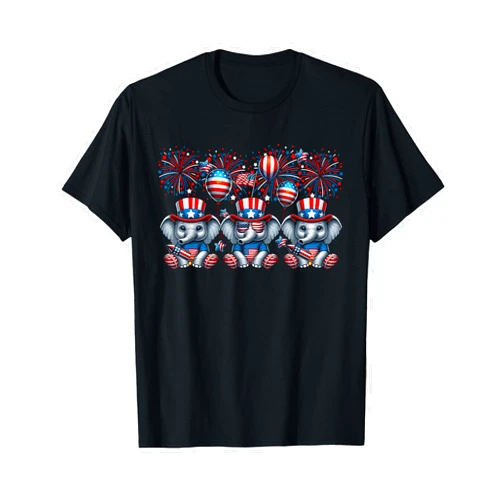 Wild Animal 4th Of July Costume Three Cute Elephants Costume 4th July Proud Flag Fireworks T-Shirt