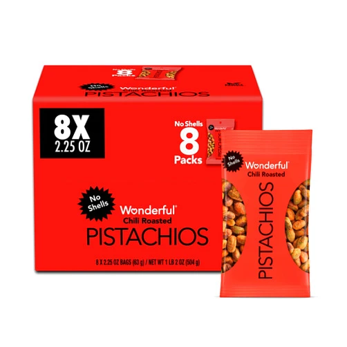 Wonderful Pistachios No Shells, Chili Roasted Nuts, 2.25 Ounce (Pack of 8), Protein Snacks, Gluten Free, Pantry Staples, Healthy Office Snacks