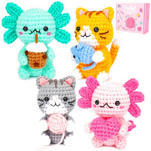 Fortuning's JDS Crochet Kit for Beginners, Axolotls & Cat Crochet Kit for Adults Beginner, Complete Crochet Animals Starter Kit with Step-by-Step Video Tutorials, Easy Knitting Kit Cat Crafts Gifts