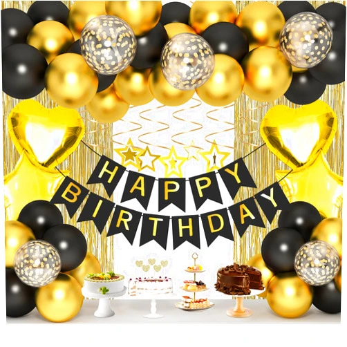 ORDA Black Gold Birthday Decorations, Gold Party Decorations Set with Birthday Banner, Black Gold Balloons, Gold Fringe Party Curtains, Hanging Swirls, Cake Toppers for Girls Women Men Kids Birthday Party