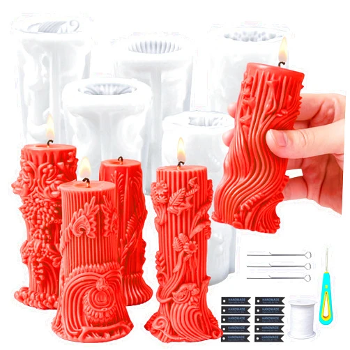 Dacies Pillar Candle Mold for Candle Making Wax Molds 5 pcs Wave Cylinder Candles Silicone Mould Set with Label, Wick, Hand Drill, DIY Xmas Gift 3D Unique Embossed Candles Gypsum Ornaments Moulds Home Decor