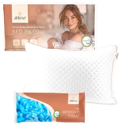 Atluxe Premium Shredded Memory Foam Pillow. Washable Cover from Rayon - for Side, Back, Stomach Sleepers - CertiPUR-US Certified (Standard)