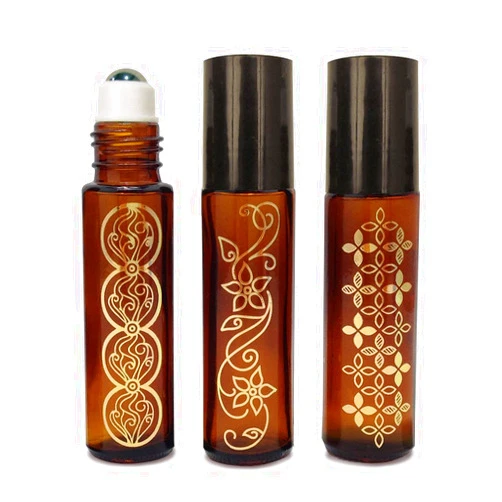 Rivertree Life Set of 3 - Yasime 10ml Brown Embellished Empty Amber Glass Roll On Bottle With Stainless Steel Ball