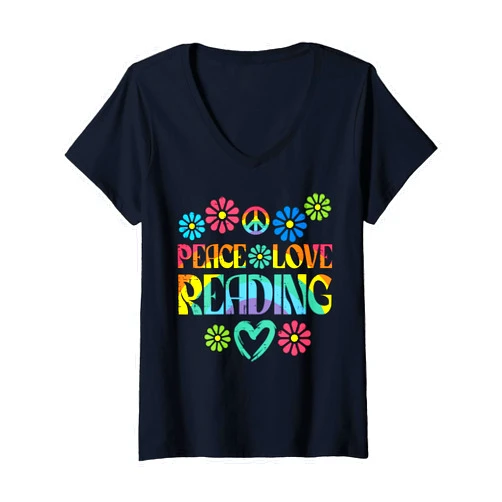 Reading Book Lover Bookworm Librarian Gift Women's Peace Love Reading Tie Dye Book Lover Bookworm Librarian V-Neck T-Shirt