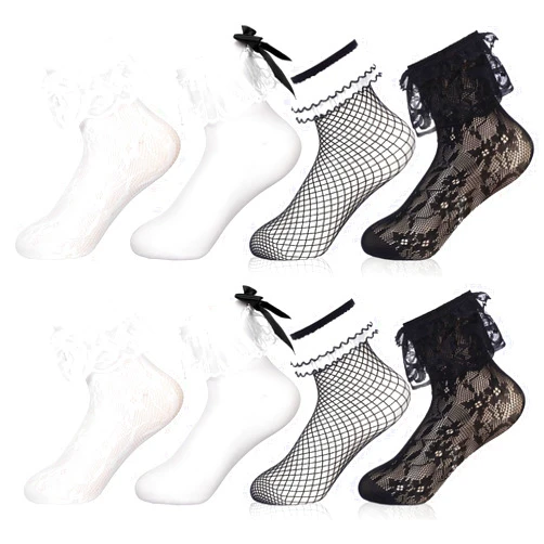 Geyoga 4 Pairs Halloween Lace Ruffle Frilly Ankle Socks Women Mesh Lace Loose Socks Fishnet Socks Ankle Dress Socks No Show Socks for Ladies Princess