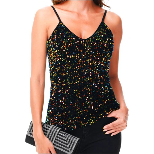 Anna-Kaci Womens Sleeveless Sequin Tops V Neck Sparkle Spaghetti Strap Cami Tank Top Shirt