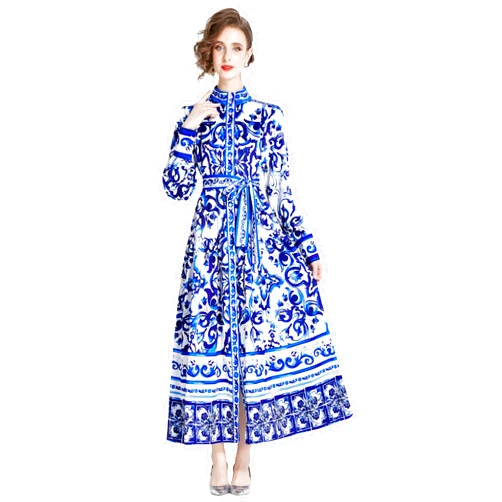 LAI MENG FIVE CATS Women's Floral Print Long Lantern Sleeve Button Up Loose Casual Maxi Dress