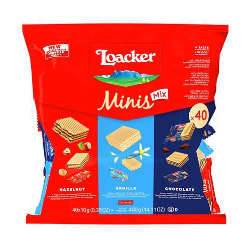 Loacker Minis Wafer Variety Pack - 30% Less Sugar - Premium Assorted Cream Filled Wafer Cookies - Mix of Hazelnut, Chocolate and Vanilla Crispy Wafers - NON-GMO - Sustainably Sourced Ingredients - 10g/0.35oz, 40 Individually Wrapped Snack Packs (mix)