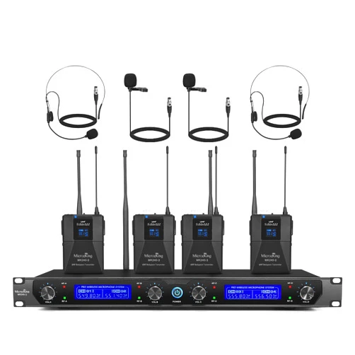 MicrocKing UHF Wireless Microphone System Cordless Lapel/Headset/Lavalier Mic(4 Bodypacks), Fixed Frequency, Long Range 400ft, Ideal for Party Church Conference Speech