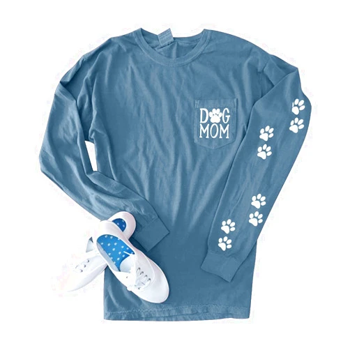 MOUSYA Women Dog Paw Shirt Dog Mom Pullover Cute Dog Lover Graphic Tee Patch Pocket Pullover Casual Long Sleeve Shirt