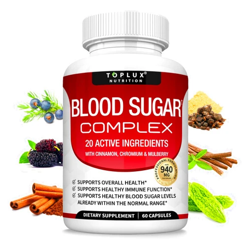 Toplux Blood Sugar Complex Supplement - Supports Healthy Blood Sugar Levels Already Within Normal Range All Natural with Cinnamon, Bitter Melon, Chromium, Mulberry, Alpha Lipoic Acid, Non-GMO, 60 Capsules
