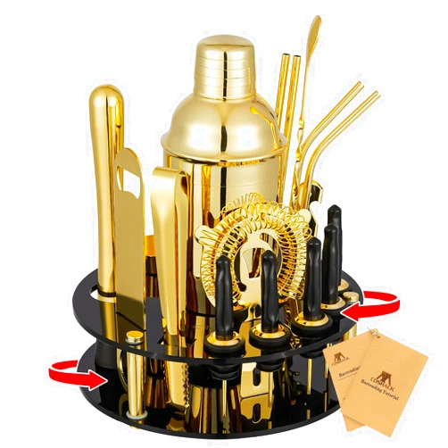 X-cosrack 19-Piece Bar Set, Gold Cocktail Shaker Set for Drink Mixing: Stainless Steel Bar Tools with Rotating Stand, Professional Bartender Kit for Home Bars, Parties