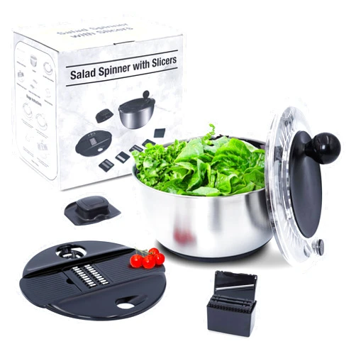 Jikoni Yetu Stainless Steel Salad Spinner Large 5.28Qt - Salad Spinners Best Rated For Home Kitchen Washing -Vegetabe Spinner - Vegetable Dryer Spinner - Includes Vegetable Slicer.