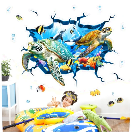 decalmile 3D Under The Sea Turtle Wall Decals Underwater Ocean Fish Broken Wall Stickers Kids Bedroom Living Room Bathroom Wall Decor