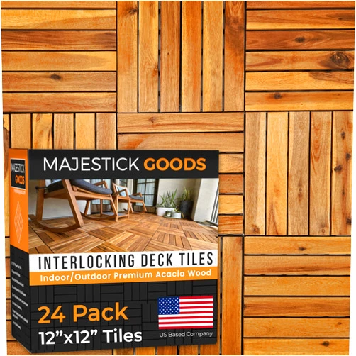 Majestick Goods Interlocking Deck Tiles Snap Together Wood Flooring - 12 x 12 Acacia Hardwood Outdoor Flooring for Patio - Click Floor Decking Tile, Water Resistant Balcony Flooring, Wooden Parquet Flooring 24 Sq Ft