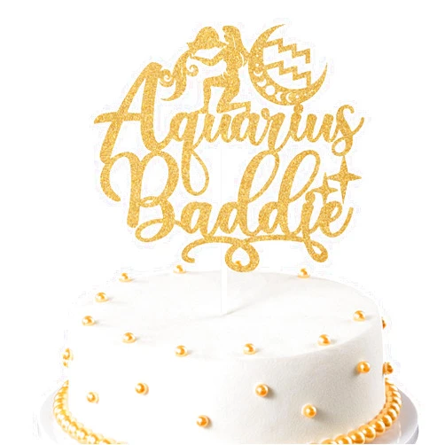 Zatain Aquarius Baddie Cake Topper, Big Aquarius Energy Cake Decor, It's Aquarius Birthday, 12 Constellation Zodiac Themed Birthday Party Decorations (Gold Glitter)
