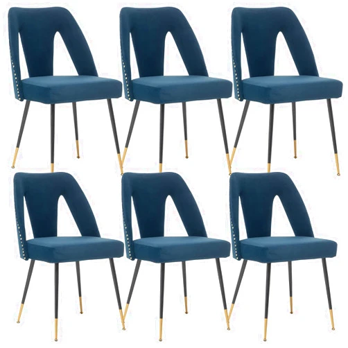 Nrizc Velvet Modern Dining Chairs Set of 6, Upholstered Dining Side Chairs with Metal Legs, Nailhead Trim, Modern Dining Chairs for Kitchen, Bedroom, Dining Room (Blue)