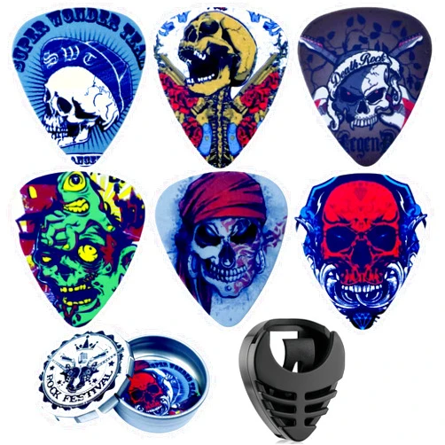 Miwayer Guitar Picks-Medium, 6 Pack Art Cool Guitar Pick In Metal Box W/Black Pick Holder, Unique Gift For Bass, Electric & Acoustic Guitars Lovers (Skeleton)