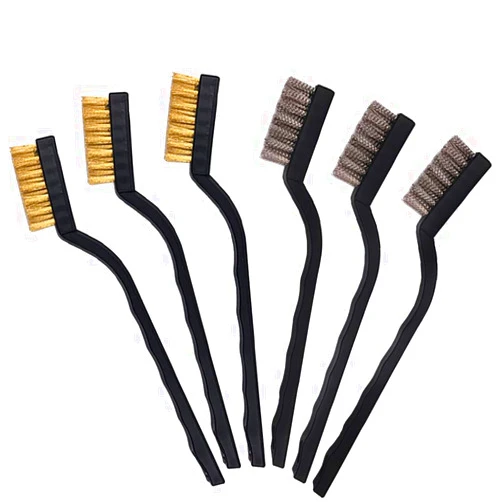 SKYPIA 6pcs Mini Wire Scratch Handle Masonry Brush Set for Cleaning Scrubbing Welding Slag Rust and Dust Curved Stainless Steel and Brass