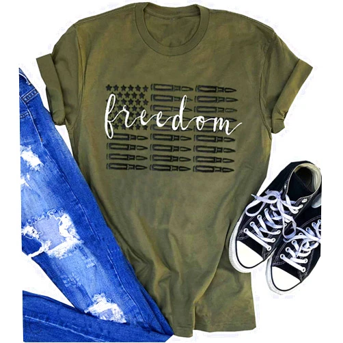 CHUNTIANRAN Freedom American Flag T Shirts Tee for Women Vintage 4th of July Patriotic Short Sleeve Tee Tops Casual Loose Blouse