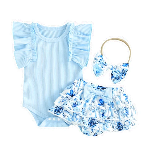 Kupretty Baby Girl Clothes Cute Summer Infant Outfits Ruffle Sleeveless Knit Romper + Floral Bow Bloomers Shorts + Headband