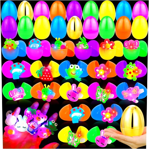 TURNMEON [ 2 Golden Eggs 50 Pack Easter Basket Stuffers for Kids, 50 Prefilled Easter Eggs with 50 LED Light Up Rings Glow in The Dark Easter Eggs Hunt Game Easter Party Favors Classroom Prizes