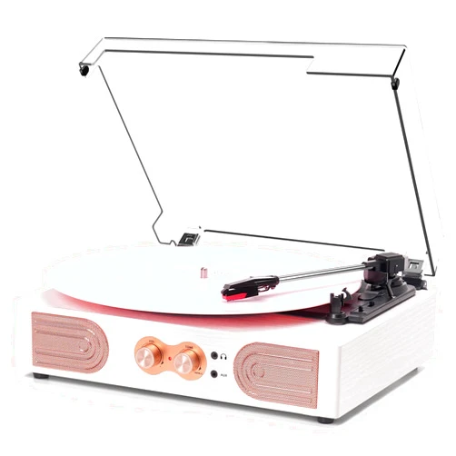 DANFI AUDIO DF Vinyl Record Player with Built-in Speakers 3-Speed Vintage Record Player Support Treble& Bass Control, 3.5mm Headphone Jack, RCA-Out/Aux in, Belt-Driven LP Turntable,White Rose Gold